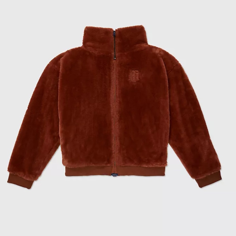 Tommy Hilfiger Spice Brown Faux Fur Navy Zip Front Jacket, NWT, Large